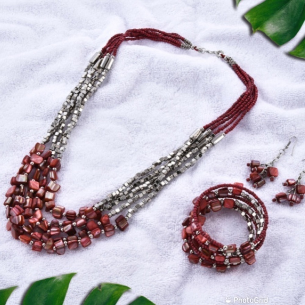 Red Shell and Seed Beaded Earrings and Wrap Bracelet and Multi Strand Necklace